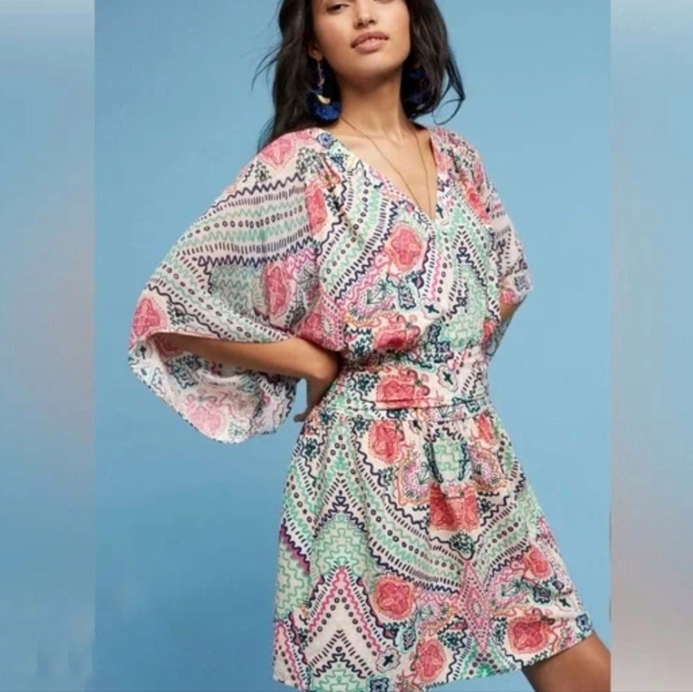 Anthropologie Siya Kimono Dress Paisley Womens 8 White Pink V-neck Festival